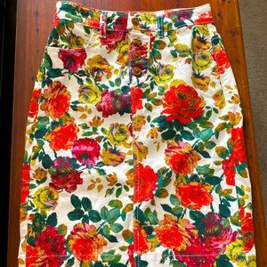 High waist, knee length, floral print denim skirt